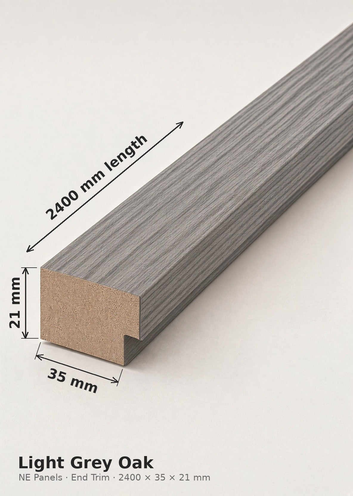 Light Grey Oak end trim dimensions 2400 x 35 x 21 mm